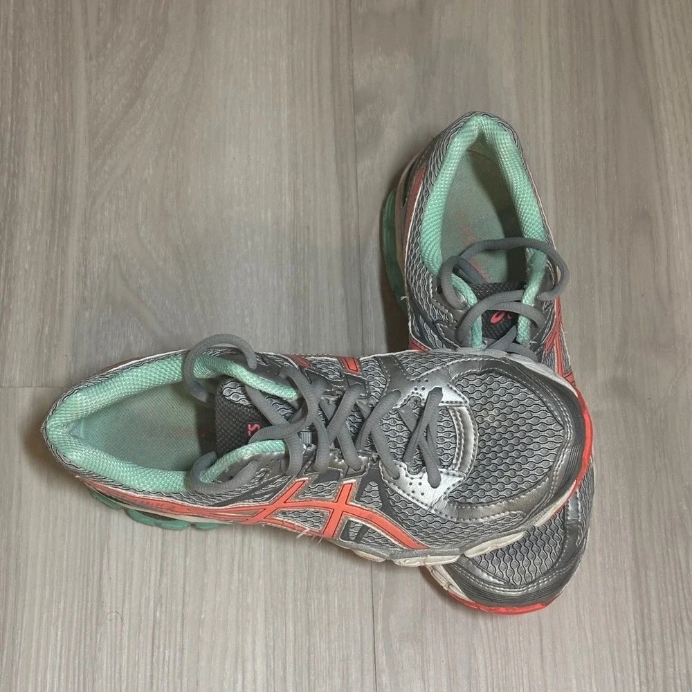 ASICS Running Shoes Womens 8.5 Gray Coral Teal Lace Up Athletic Sneakers